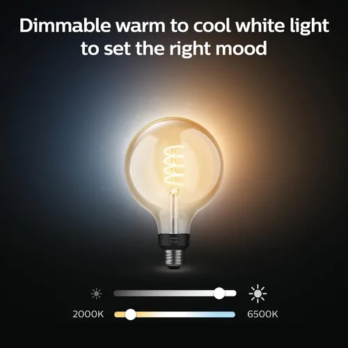 Vista 4 de Philips Hue Bombilla LED de filamento inteligente G40 de 60 W - Luz ambiente blanca de cálido a frío - 1 paquete - 550 lm - E26 - Interior - Control
