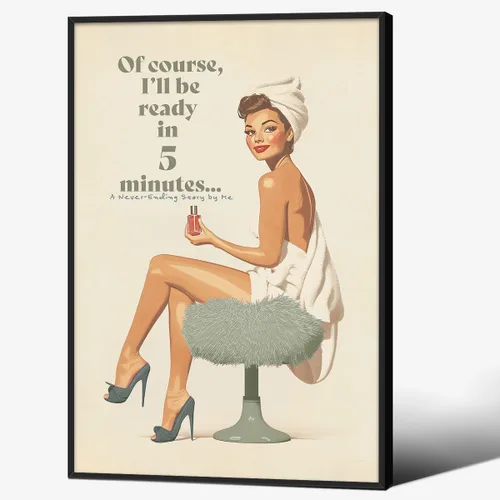Vista 14 de Póster bohemio de baño verde salvia vintage de los años 70, arte de pared de chica pin-up de 08 x 10 pulgadas con marco negro "Por supuesto estaré