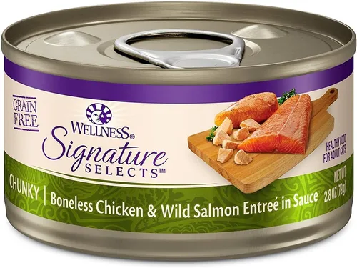Vista 4 de Wellness Signature - Variedad de alimentos húmedos para gatos, sin granos, paquete de 4 sabores (12 latas) con tapa: pollo, hígado, salmón y pavo