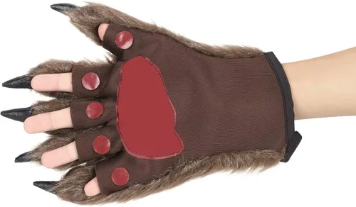 Vista 4 de 1 par de guantes de pata peluda de animales de Halloween, hombre lobo, oso diablo, guantes horribles para manos peludas, guantes de garra