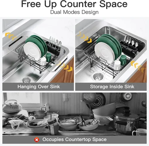Vista 2 de Apartment RV Small Dish Drainer Drying Rack Over The Sink In Stainless Steel for Narrow Kitchen, Counter Space Saving Compact Expandable Metal Plate