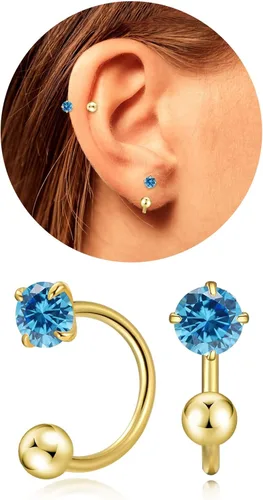 Vista 31 de Pequeños aretes de piedra natal natural de 0.118 pulgadas para mujeres, adolescentes y niñas, pequeños aretes de medio aro para cartílago