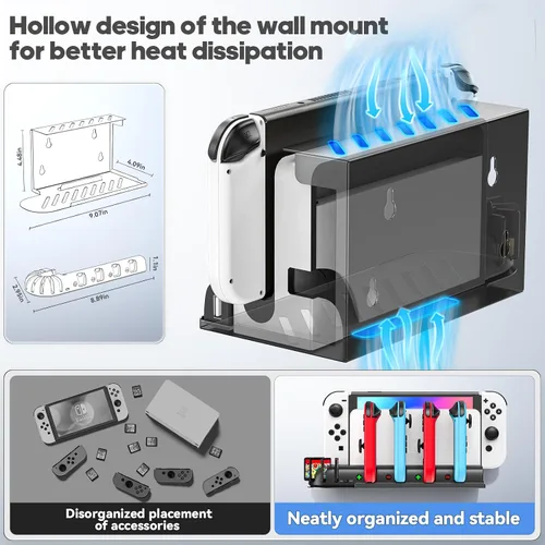 Vista 3 de Soporte de pared para interruptor con cargador, kit de montaje en pared para interruptor Joy-Con, estación de acoplamiento de carga para interruptor