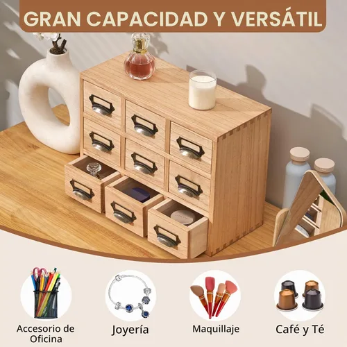Vista 7 de KIRIGEN Organizador de escritorio de madera con 9 cajones, armario de Natural
