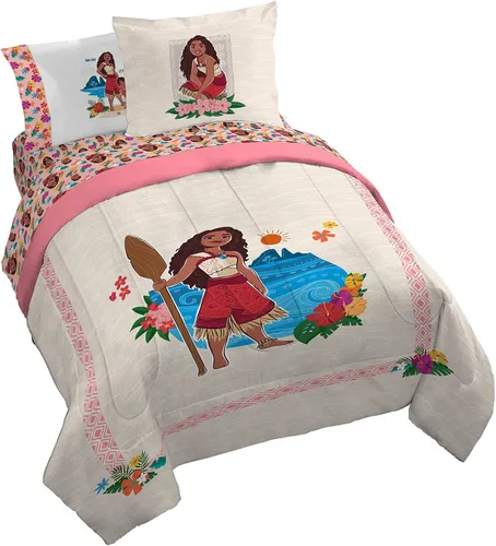 Vista 30 de Disney Moana - Juego de edredón individual de 5 piezas para niñas, color beige Bed in a Bag, Comforter Sheets Sham Pillowcase, Official
