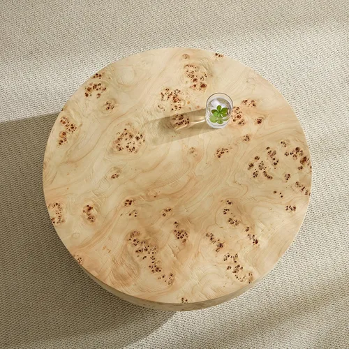 Vista 8 de Mesa de centro redonda de madera de Burl de 31.49 pulgadas, moderna mesa de centro circular circular baja contemporánea para sala de estar, espacio