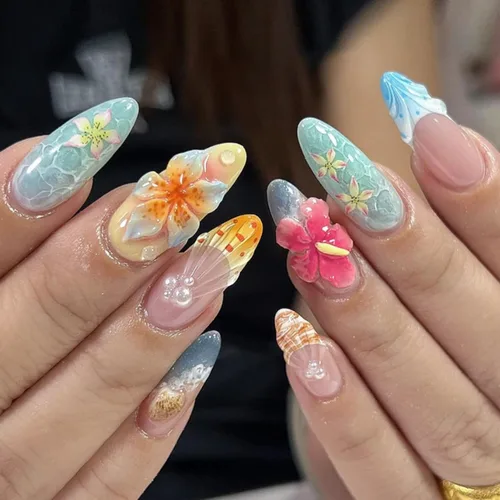 Vista 13 de Uñas postizas largas a presión con forma de almendra, color azul Seeneey
