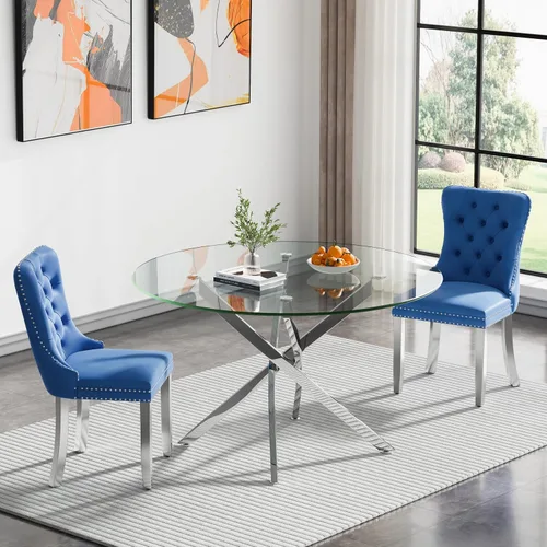 Vista 28 de Juego de mesa de comedor SSLine moderno de 3 piezas con mesa redonda de vidrio para 2, lujosa mesa de comedor circular de 36" con tapa de vidrio