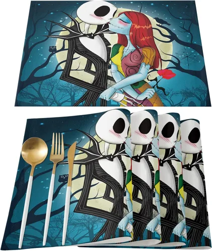 Vista 9 de Juego de 4 manteles individuales de Halloween, con temática de pesadilla, resistentes al calor, lavables, para cocina, mesa de comedor, manteles