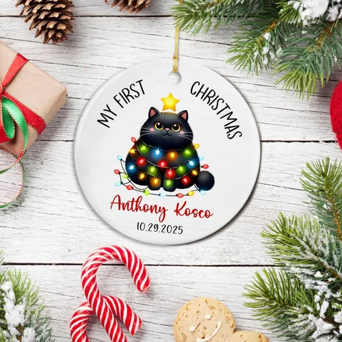 Vista 3 de Adornos de cerámica personalizados con texto en inglés «My First Christmas», bonito adorno de Navidad de gato para bebés, niños, primer recuerdo