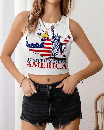 Vista 3 de Camiseta corta con bandera estadounidense para mujer, patriótica de Estados Unidos, para el 4 de julio, sexy, expuesta, suave, para verano, sin