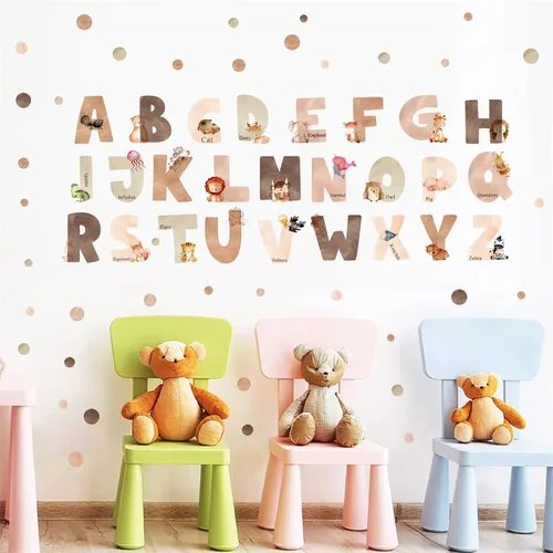 Vista 2 de Calcomanías de pared del alfabeto de animales, letras del alfabeto para pared, calcomanías de pared para niños, niñas, dormitorio, educativo, ABC