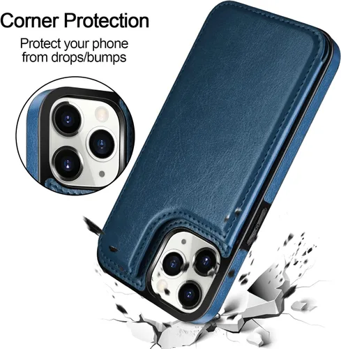 Vista 6 de HianDier Funda para iPhone 11 Pro con tarjetero para mujeres y hombres, funda protectora de piel sintética con función atril, cierre magnético, a