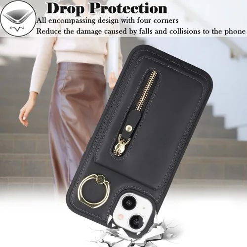 Vista 5 de para iPhone 14 Funda con soporte magnético Magsafe compatible, llavero de cuero PU plegable con soporte desmontable, funda tipo cartera 2-en-1