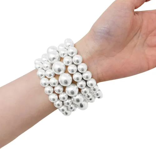 Vista 3 de BA UNIQUE FASHION Conjunto de 5 pulseras elásticas de perlas simuladas para mujer