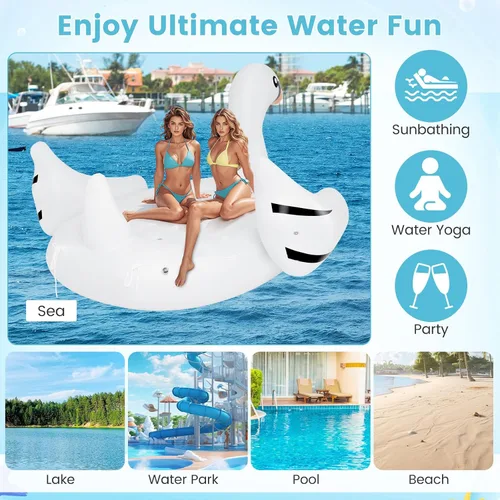 Vista 7 de Goplus Isla flotante de cisne inflable gigante, flotador de piscina para 4 personas con 4 soportes para tazas, muelle flotante recreativo para lago