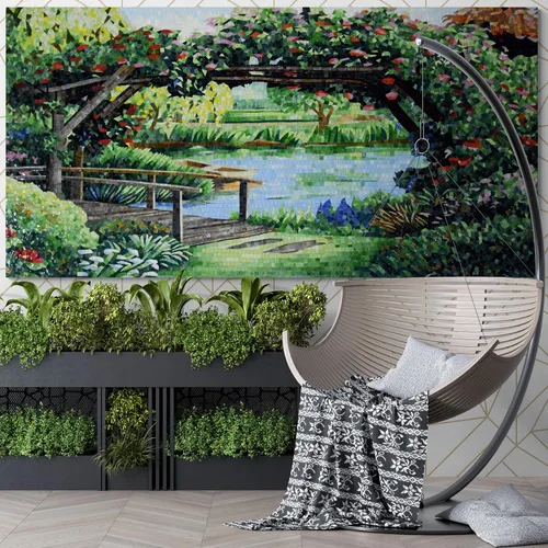Vista 3 de Handmade Tranquil Garden Bridge tiles Mosaic Wall Art – Hand-Cut Natural Tesserae Landscape Mosaic Tile Panel for Interior Wall Décor