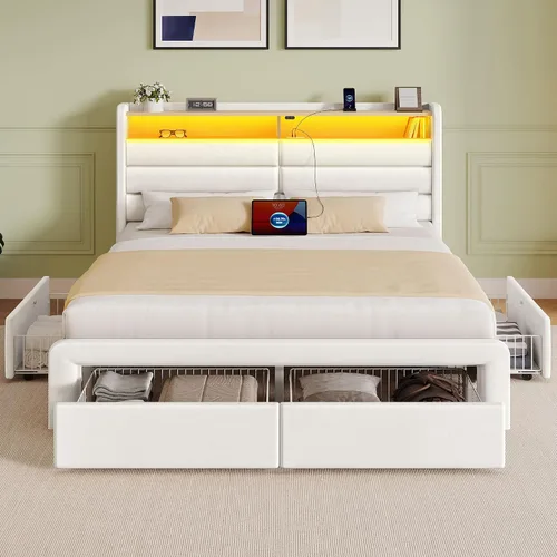 Vista 9 de Seventable Base de cama de tamaño individual con 3 cajones de almacenamiento y estación de carga, cama de plataforma tapizada con cabecera de Blanco
