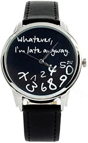 Vista 3 de Whatever, I'm late anyway" Print Leather Women Men Silver Quartz Watch Black wWhite, Reloj de cuarzo