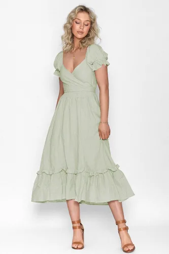 Vista 5 de ZAFUL Vestido largo bohemio 2023 para mujer, acampanado, con lazo en la cintura, vestido de verano con cuello en V profundo, vestido cruzado fruncido