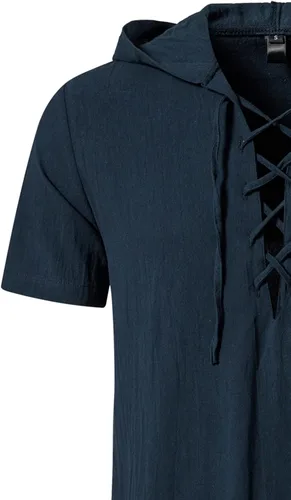 Vista 5 de LucMatton Camisas de algodón con capucha de manga corta para hombre, estilo retro tradicional, con cordones, para medieval, vikingo, hippie a juego