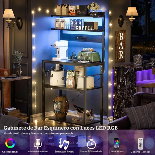 Vista 2 de Aheaplus - Estantería de cocina con toma de corriente, soporte para microondas, estación de café de 5 niveles con luces LED, estante