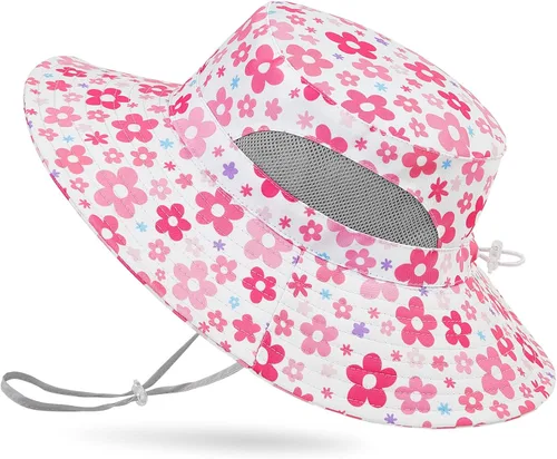 Vista 8 de Sombrero de sol para niñas de 2 a 8 años de malla con protección UV, sombrero de playa plegable para niñas de 2 a 8 años