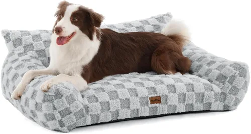 Vista 11 de Made4Pets Sofá cama para interiores de gatos y perros, sofá suave de piel sintética a cuadros, acogedor sofá esponjoso para mascotas con espuma