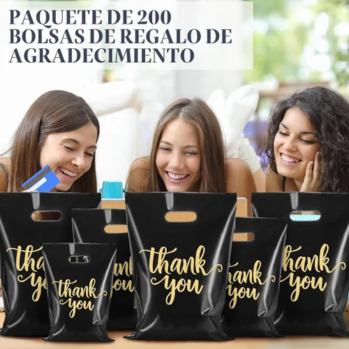 Vista 7 de Eersida 200 bolsas de plástico de agradecimiento con asas, bolsas de plástico troqueladas, bolsas de mercancía de compras a granel, 3 tamaños Negro