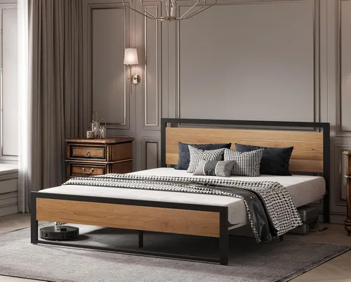 Vista 3 de BONSOIR Marco de cama tamaño Queen con plataforma de acero estable con cabecero/estribo de madera (tamaño queen)