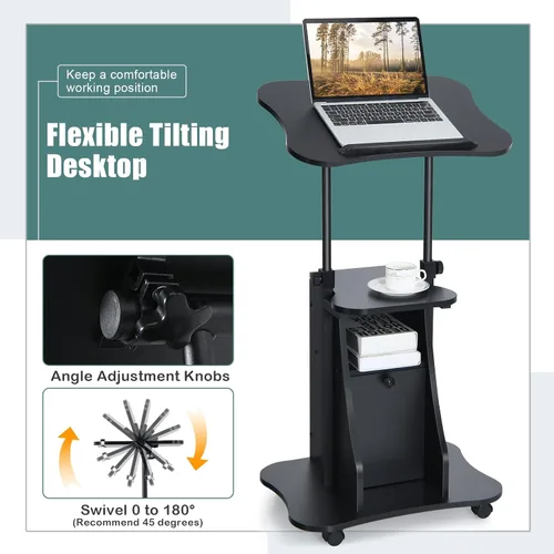 Vista 5 de Podio portátil para laptop, soporte de podio portátil de altura ajustable, escritorio de atril rodante con almacenamiento, parte superior inclinable
