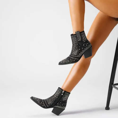Vista 5 de ISNOM Rhinestone Cowboy Boots Sparkly Ankle Boots with Pointed Toe and Chunky Heel Design