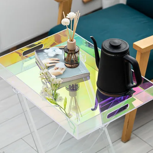 Vista 7 de Mesa plegable de acrílico iridiscente, mesa auxiliar de acrílico colorida, mesa de centro cuadrada moderna, mesa de servicio portátil para espacios