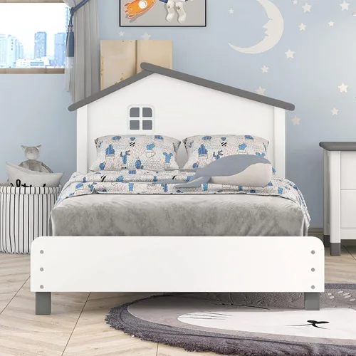 Vista 29 de Cama de plataforma de madera de tamaño individual con cabecera en forma de casa, soporte de listones de madera, para dormitorio de niños, niñas