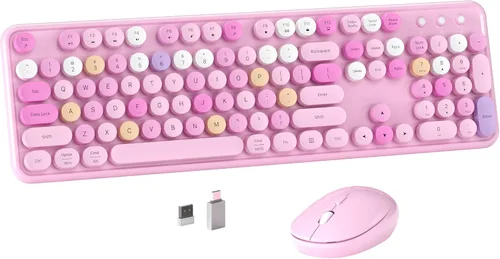 Vista 9 de MPTOG Combo de teclado y mouse inalámbrico de computadora colorido con teclas redondas estilo máquina de escribir, diseño retro, interruptor