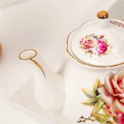 Vista 7 de Juego de té de cerámica europeo de 9 piezas, juego de café de servicio de té de porcelana de hueso con soporte de metal, para boda y regalo, pintura