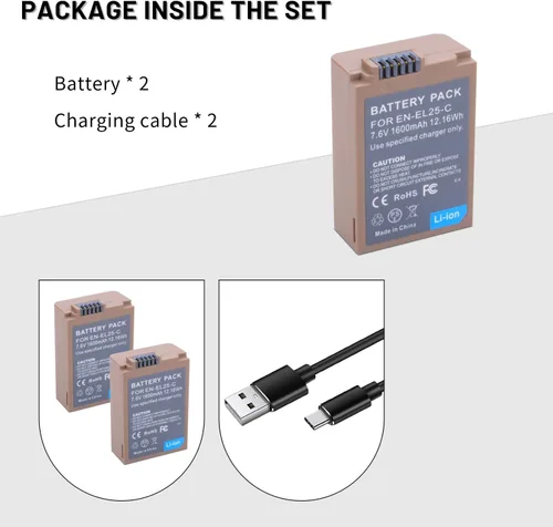 Vista 4 de Paquete de 2 baterías de repuesto EN-EL25 EN-EL25a con puerto de carga rápida USB-C compatible con cámara Nikon ZFC / Z30 / Z50, cargador MH-32
