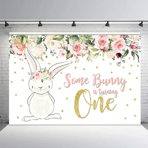 Vista 4 de MEHOFOTO - Telón de fondo para fiesta de cumpleaños de 8 x 6 pies, diseño floral rosa con purpurina dorada con texto en inglés "Some Bunny One Girl