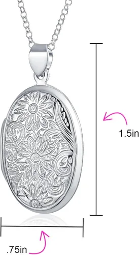 Vista 6 de Bling Jewelry Medallones ovalados con foto de girasol en relieve de estilo vintage personalizado para mujer, collar de plata de ley
