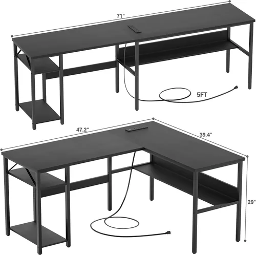 Vista 3 de Escritorio reversible en forma de L para computadora con tomas de corriente y puertos de carga USB, escritorio esquinero resistente con estante