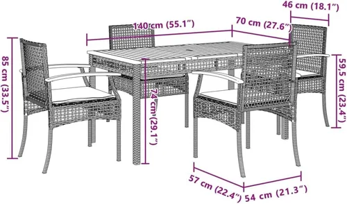 Vista 8 de 5-Piece Patio Dining Set Outdoor Furniture Grey Synthetic PE Rattan Modern Design for Garden, Balcony, and Porch