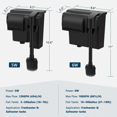 Vista 7 de fishkeeper Filtro de acuario ultra silencioso de 5 W 120 GPH para colgar en la parte posterior, filtro bioquímico de 4 etapas para tanque de peces