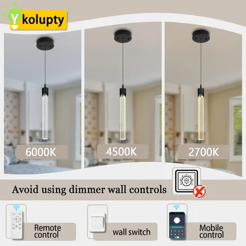 Vista 4 de ykolupty Luces colgantes modernas para isla de cocina, mini lámpara colgante de cristal negro con LED regulable de 2700 K-6000 K, lámpara de araña