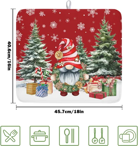 Vista 2 de Kawani Tapete de secado de platos de gnomo de Navidad para encimera de cocina, gnomos de Navidad, copos de nieve, almohadilla de secado de platos