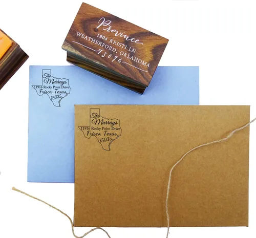 Vista 2 de Sello de goma montado en madera con mapa del estado de Texas personalizado, idea de regalo