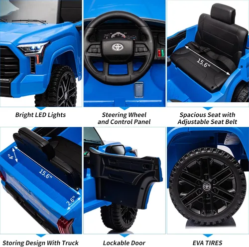 Vista 2 de Auto de paseo de 12 V para niños, camión Toyota con licencia, automóvil eléctrico a batería con música, luces LED, sistema de suspensión, puertas