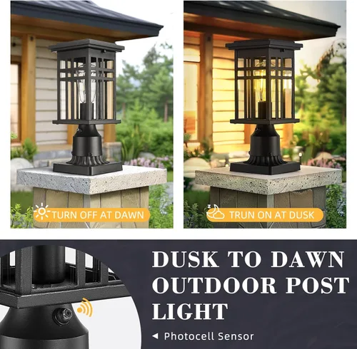 Vista 3 de zeyu Iluminación moderna para exteriores de anochecer a amanecer, luminaria de poste pequeña de 12.2 pulgadas con sensor de fotocélula, lámpara