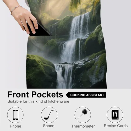 Vista 5 de MUSM Apron for Adults - 27.6 X 31.5 Inch, Heavy-Duty Polyester Aprons with Two Large Pockets, Waterproof Forest Waterfall Kitchen Apron for Cooking