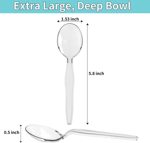Vista 2 de Cucharas de sopa de plástico, cubiertos transparentes pesados, utensilios desechables para suministros de fiesta, paquete de 100