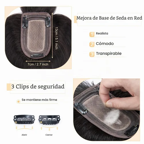 Vista 4 de SEGO Toppers para el cabello para mujer, cabello humano real con flequillo, base de seda de 2.8 x 5.1 in, 100% cabello humano Remy, clip en la parte